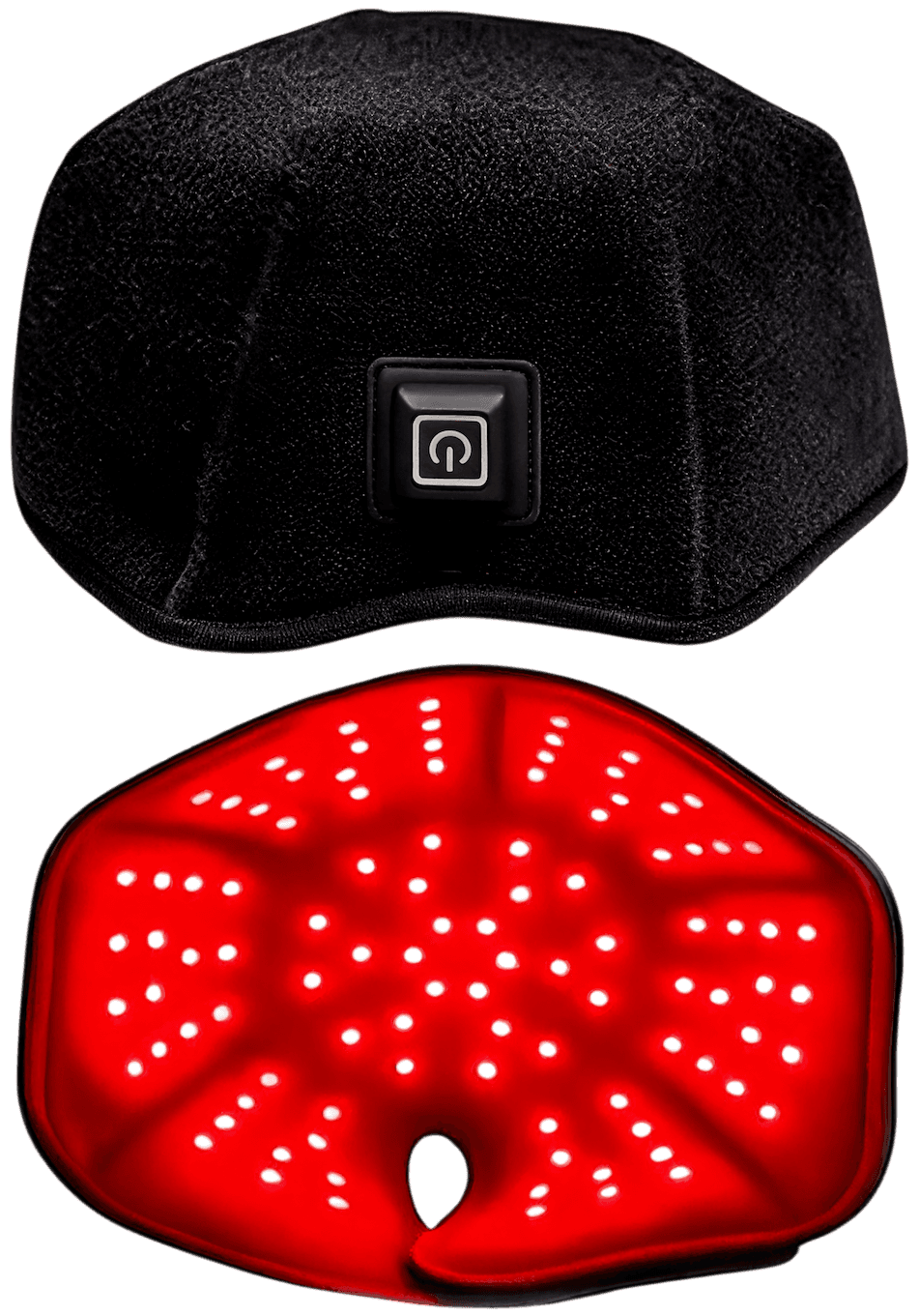 A soft black cap with discreet red LED panels inside, photographed on a wood shelf in warm daylight.