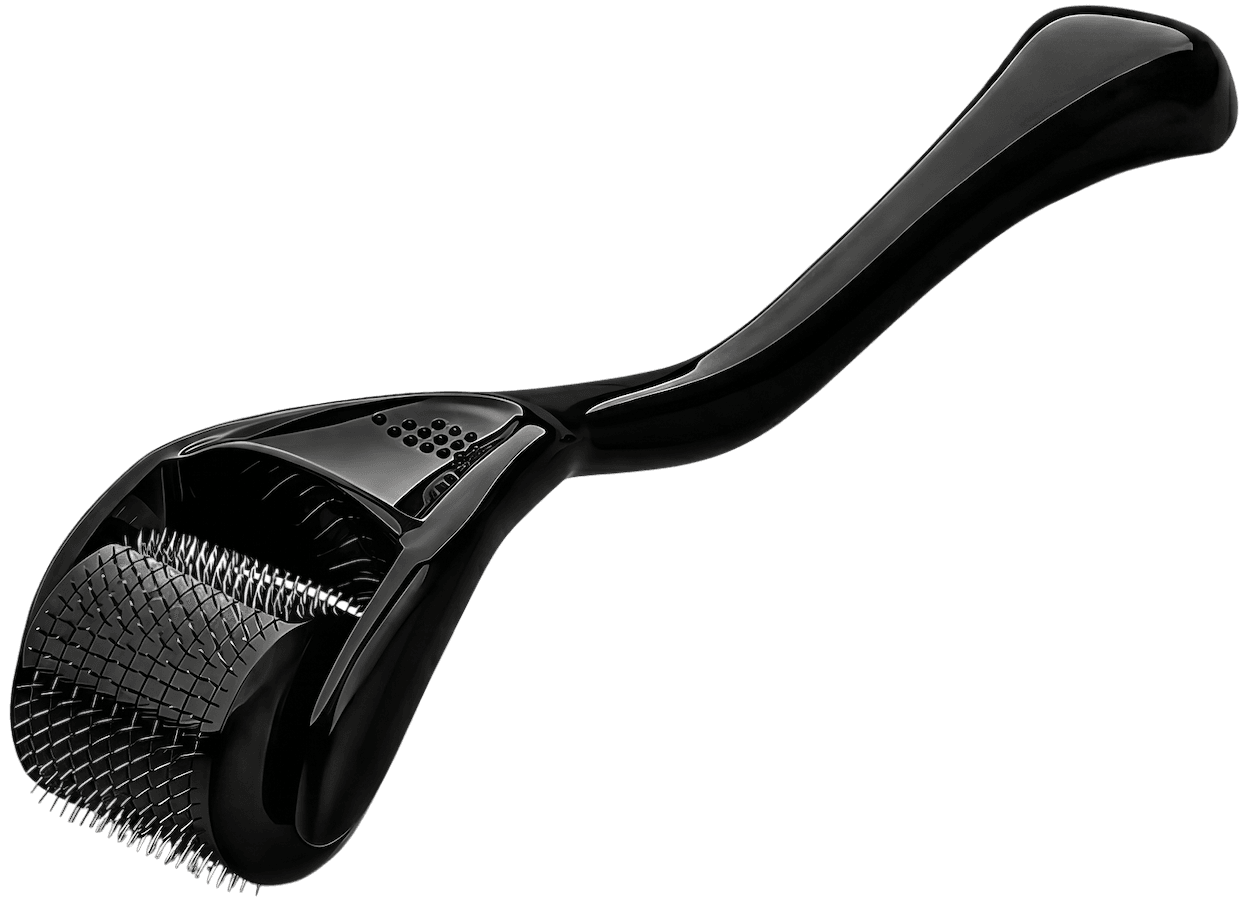 A precision microneedle roller for beard and scalp care, on a warm linen surface, soft daylight.