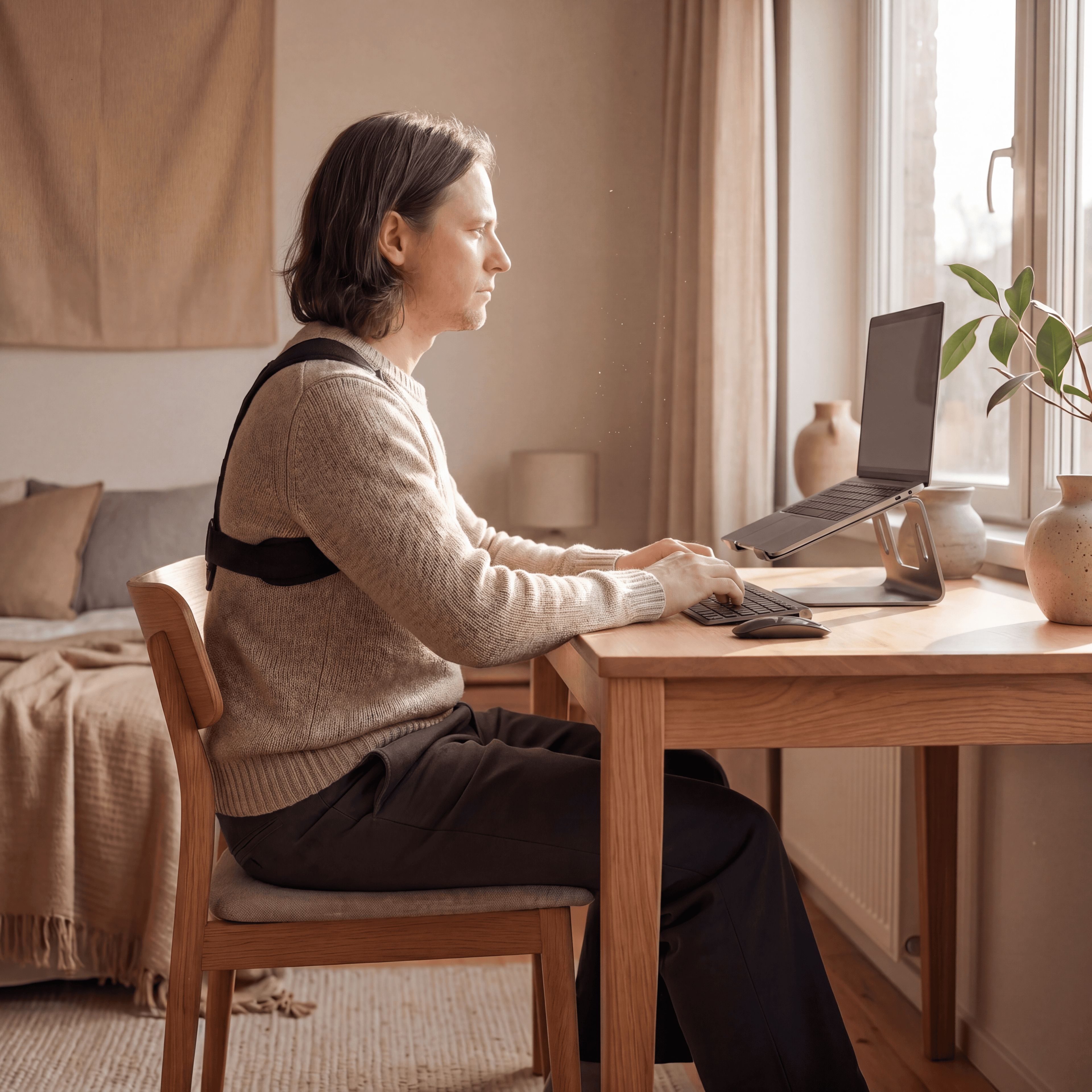 A person sitting upright at a sunlit desk wearing the Aligned Brace in warm afternoon light through a tall window.