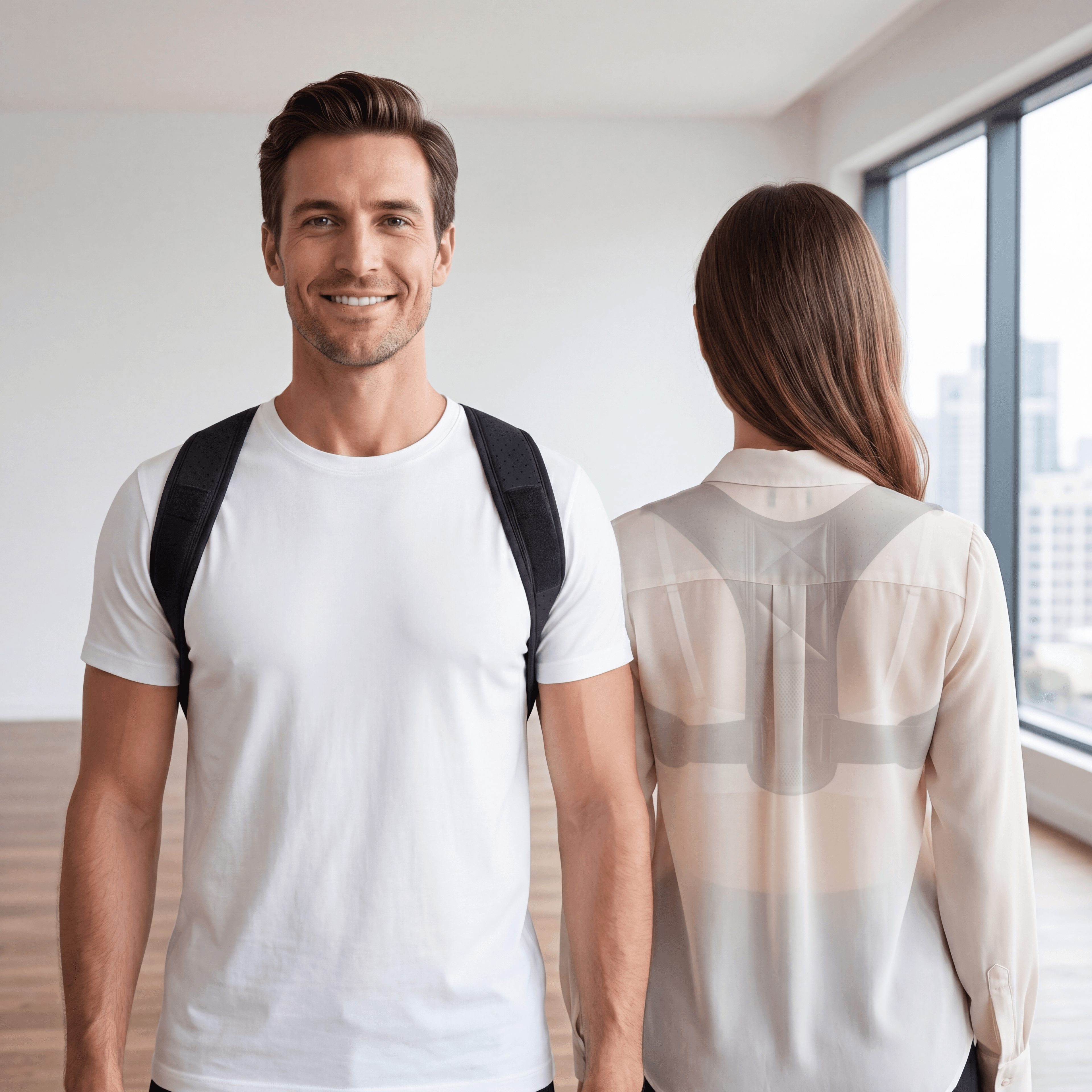 Two people wearing the Aligned Brace in everyday clothing: a man with the brace under a white t-shirt, and a woman with the brace under a sheer blouse showing the low-profile fit.
