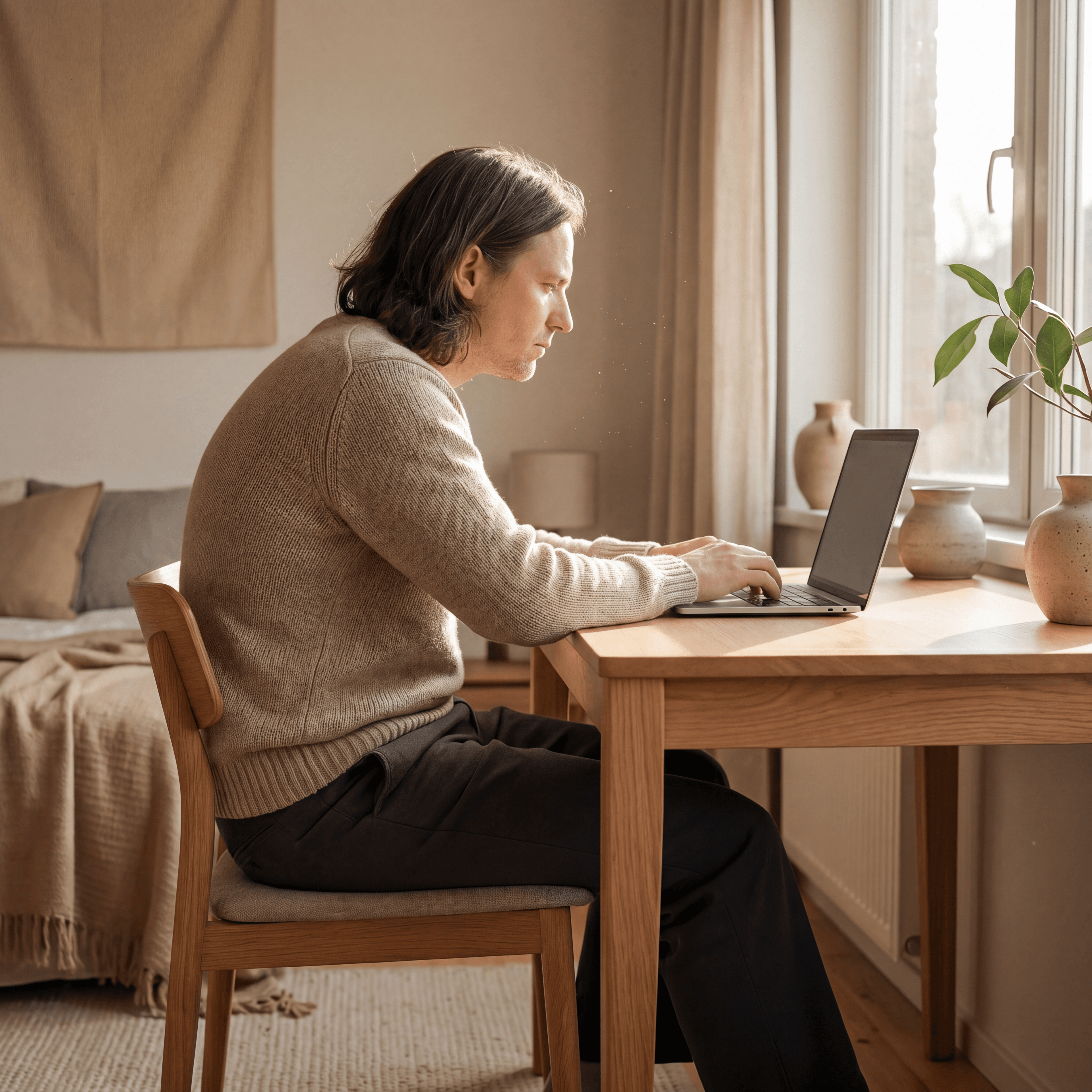 A person at a wooden desk leaning forward over a laptop in warm afternoon light. Visibly slumped posture.
